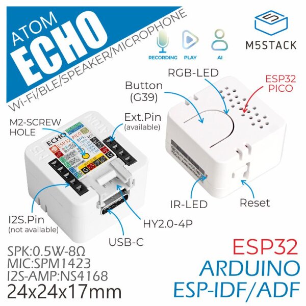 M5Stack ATOM Echo Smart Speaker Development Kit Support A2DP BLE 4.0