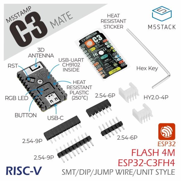 M5Stack M5Stamp C3 Mate with Pin Headers ESP32-C3 RISC-V MCU WiFi BLE